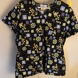 SB Scrubs Black and Blue Floral Patterned Top